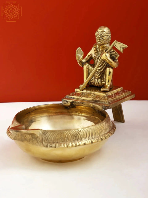 9" Brass Kanchi Maha Periyava Oil Lamp | Handmade