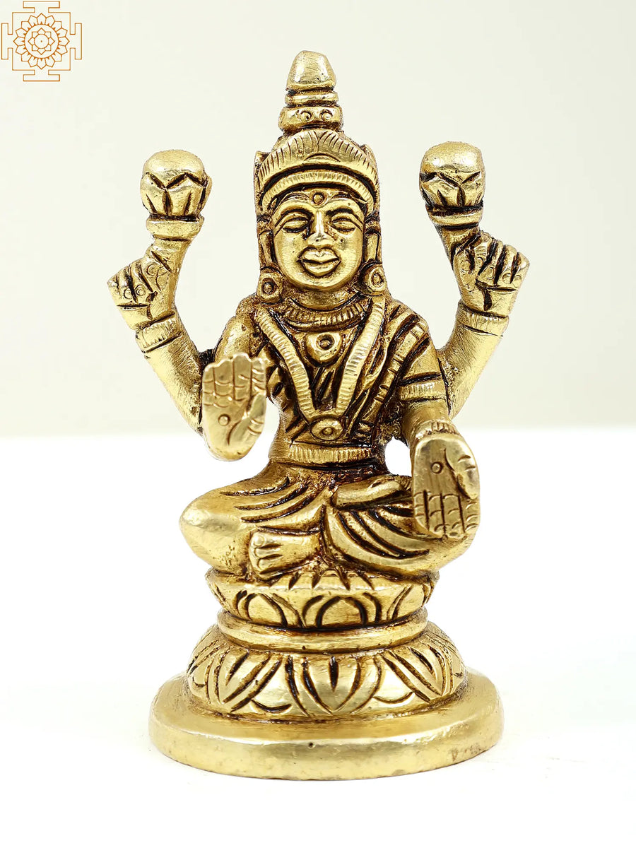 3" Handmade Goddess Lakshmi Brass Statue with Pedestal