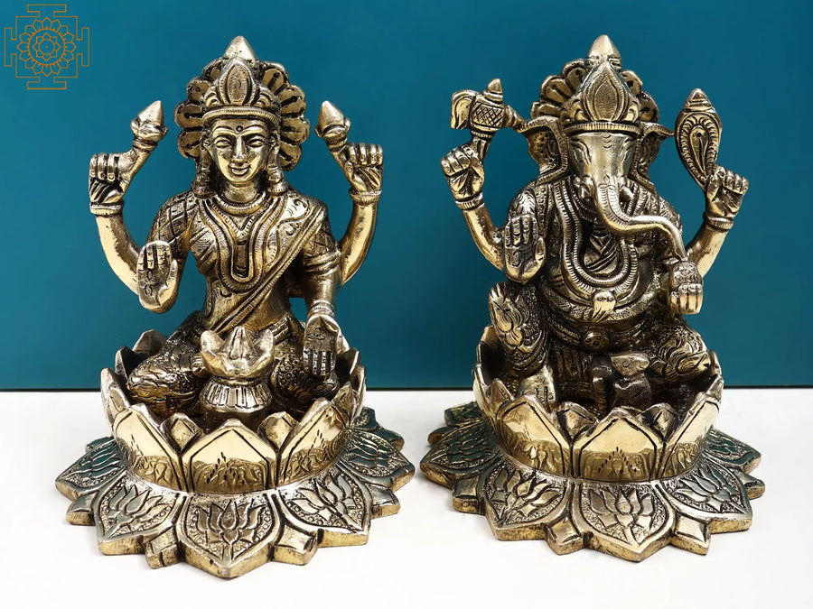 5" Brass Lakshmi Ganesha Blessing Statue with Lotus Base