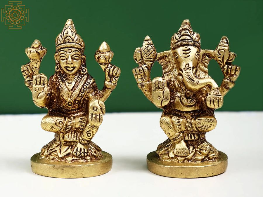 2" Small Brass Lakshmi and Ganesha Statue Handmade