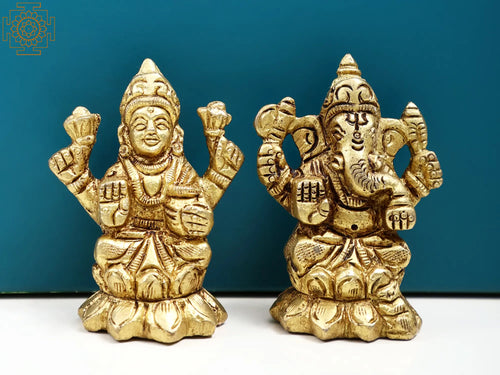 2" Handmade Lord Ganesha and Goddess Lakshmi Brass Statue