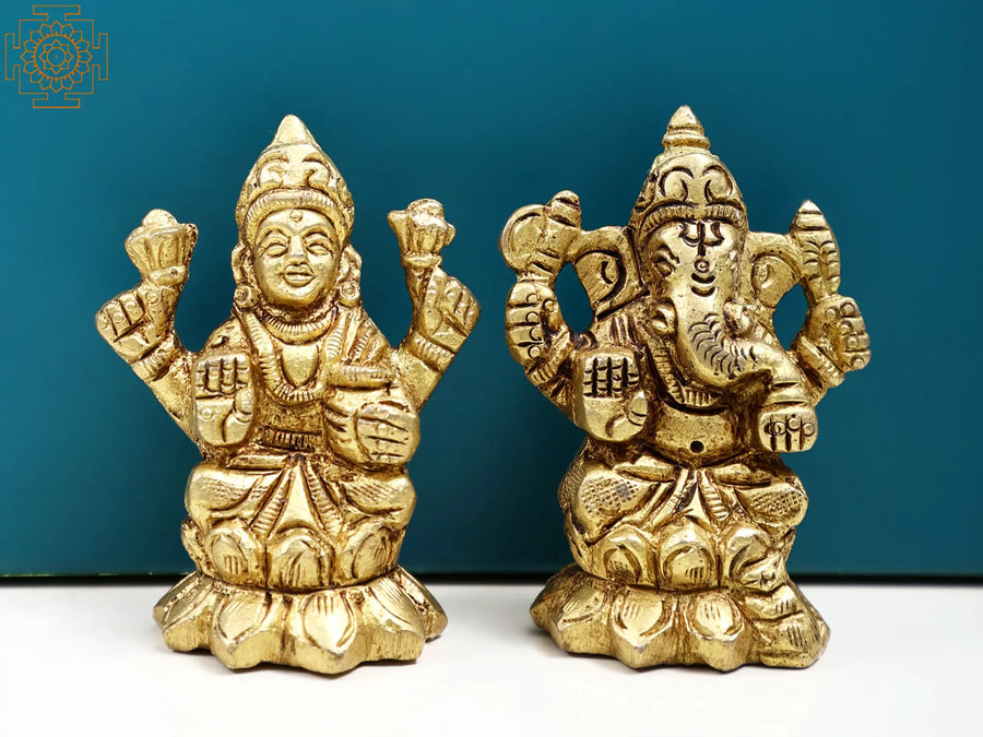 2" Handmade Lord Ganesha and Goddess Lakshmi Brass Statue