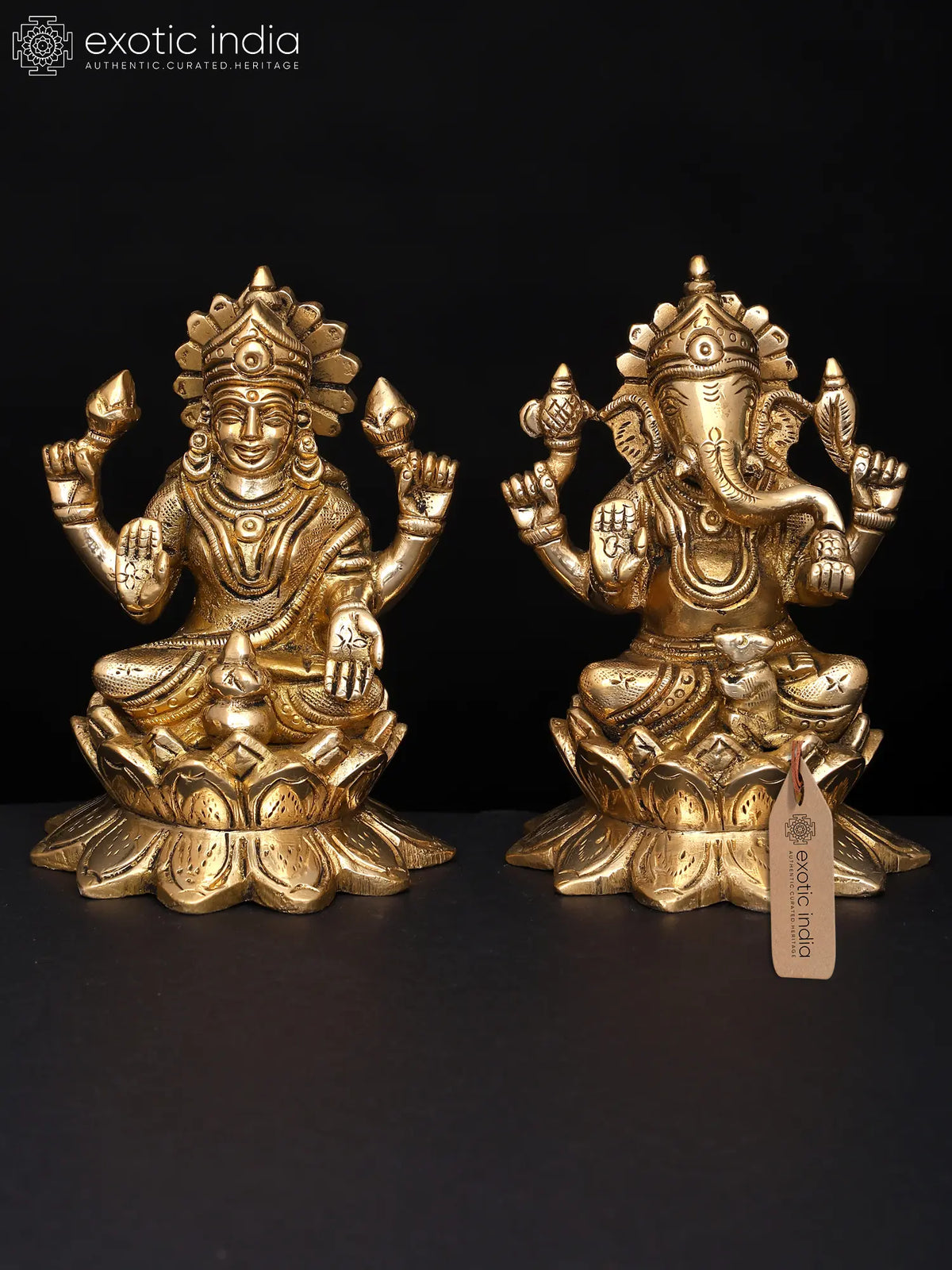 4" Small Brass Lakshmi Ganesha Sitting on Lotus Statue | Handmade