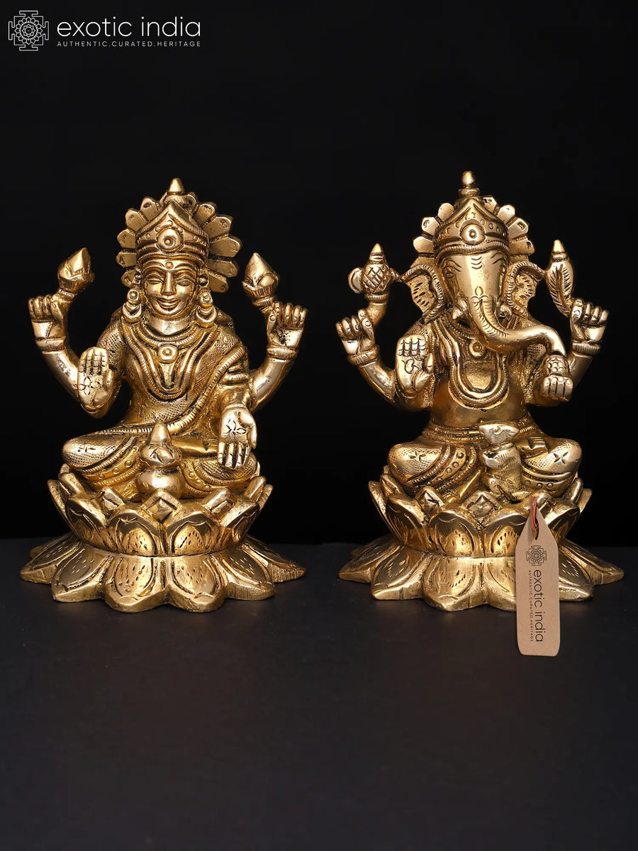 4" Brass Lakshmi Ganesha Sitting on Lotus Statue Handmade