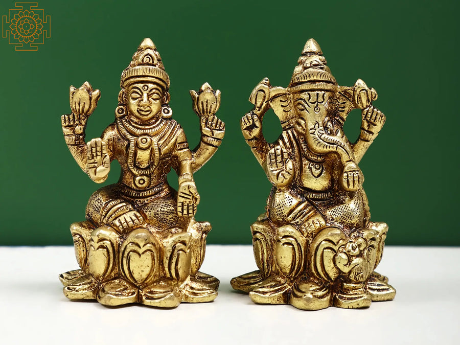 2" Handmade Brass Lakshmi Ganesha Statue for Pooja