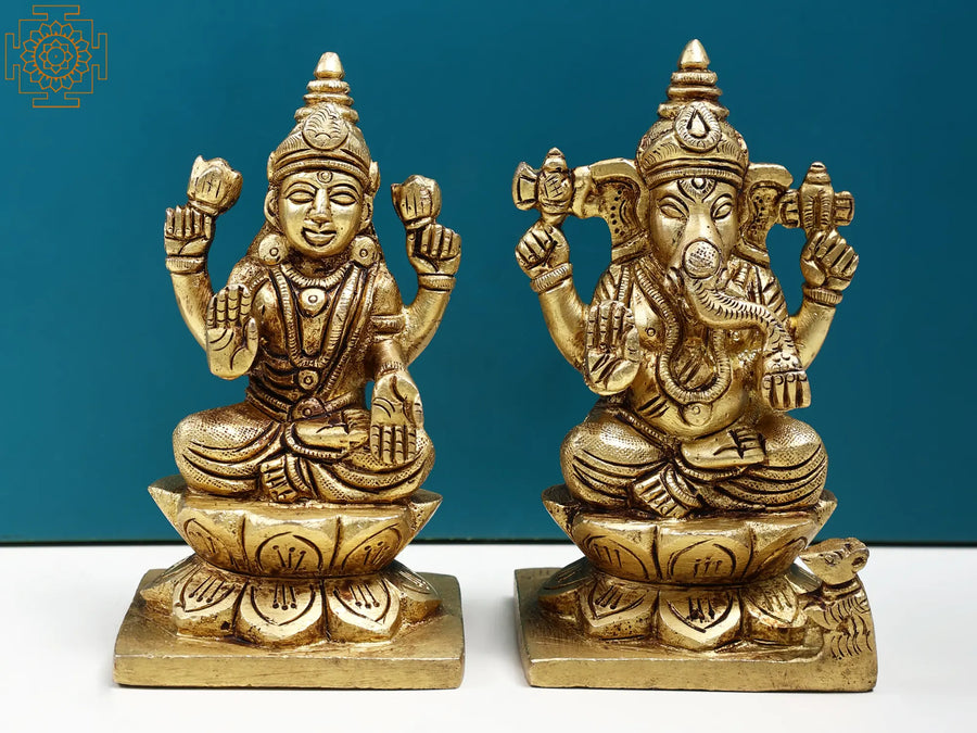 4" Handmade Lakshmi Ganesha Brass Idol on Lotus Pedestal