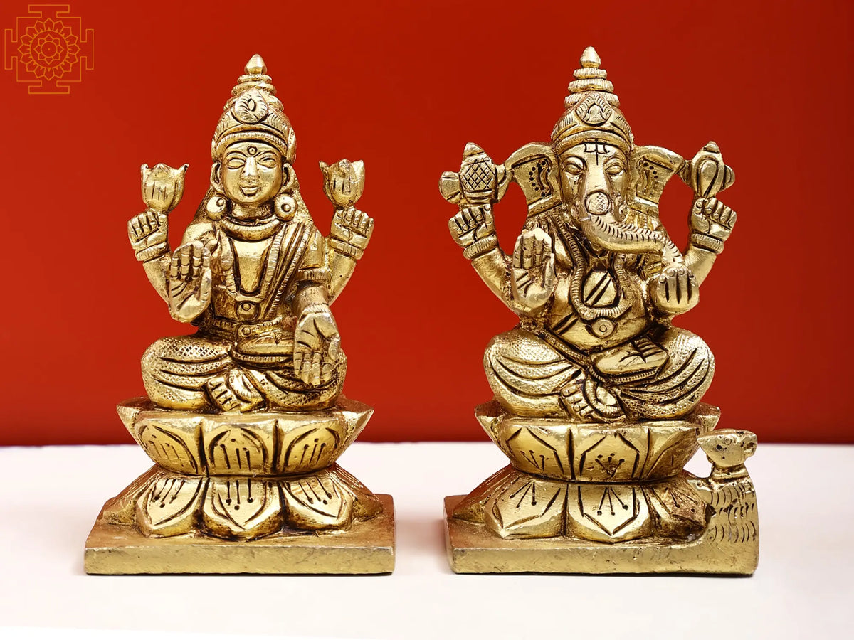 3" Small Lakshmi Ganesha Sitting on Lotus Pedestal | Handmade