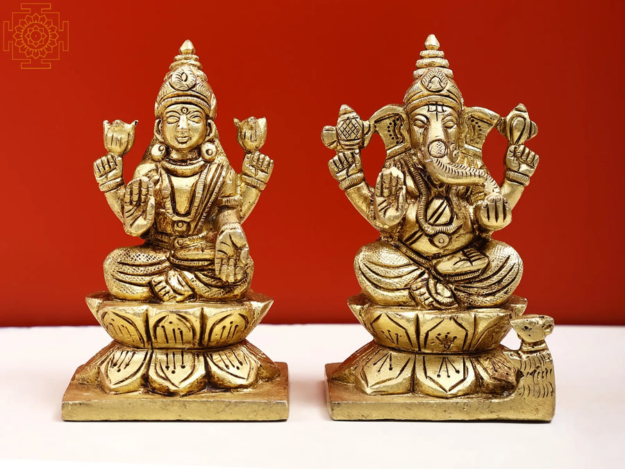 3" Handmade Brass Lakshmi Ganesha Sitting on Lotus Pedestal Idol