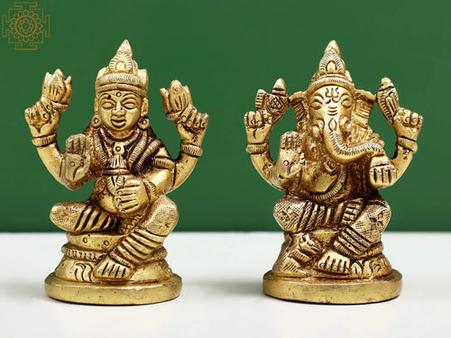 3" Handmade Brass Lakshmi Ganesha Idol for Pooja