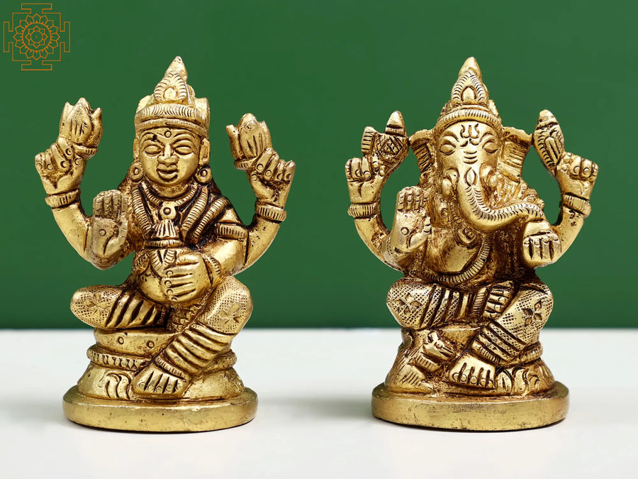 3" Handmade Brass Lakshmi Ganesha Idol for Pooja