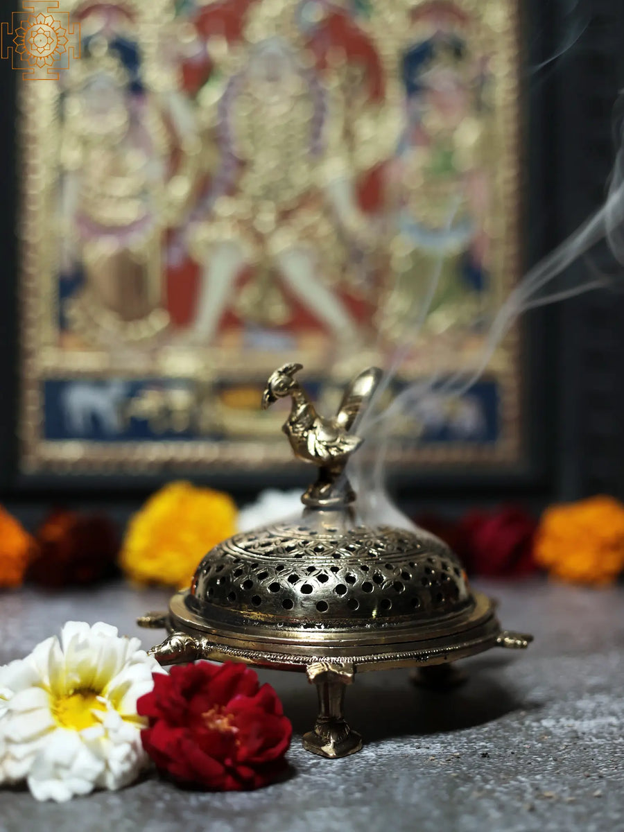 6" Brass Peacock Incense Burner with Tortoise Base Handmade