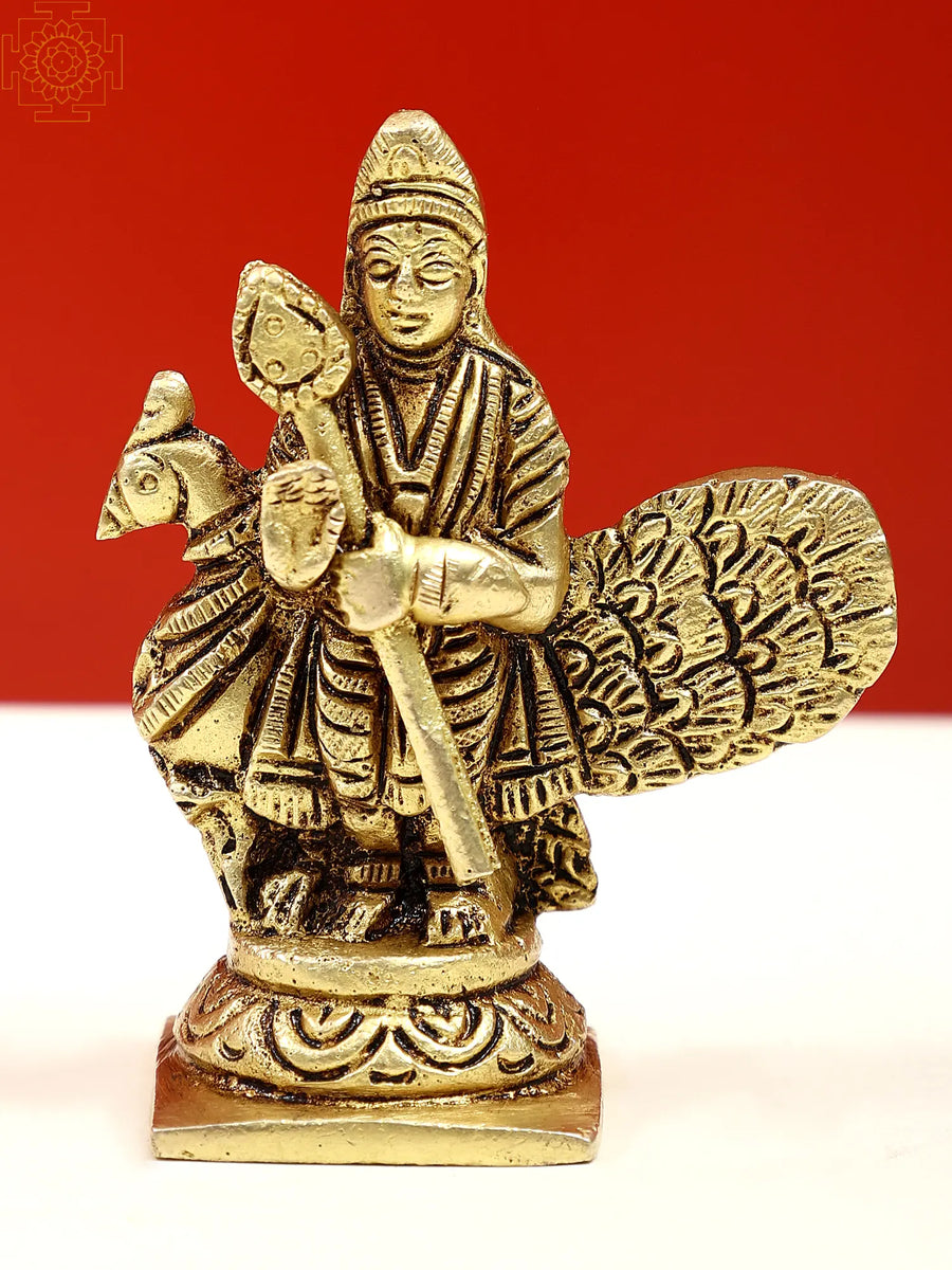 3" Standing Lord Kartikeya Brass Statue with Peacock