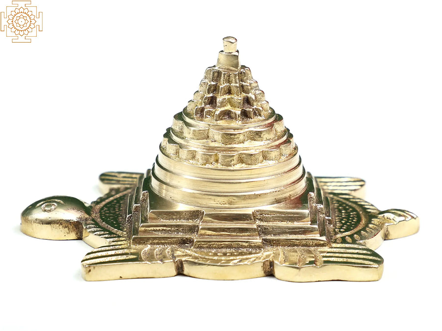 3" Handmade Brass Shri Yantra on Turtle Statue