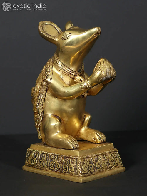 9" Brass Rat Statue with Ganesha Carving - Handmade