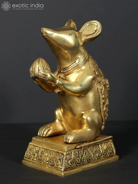 9" Brass Rat with Carving of Ganesha Ji on Back