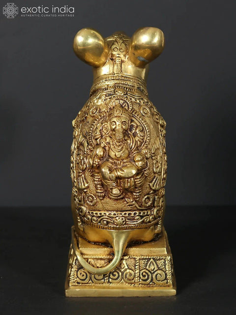 9" Brass Rat with Carving of Ganesha Ji on Back