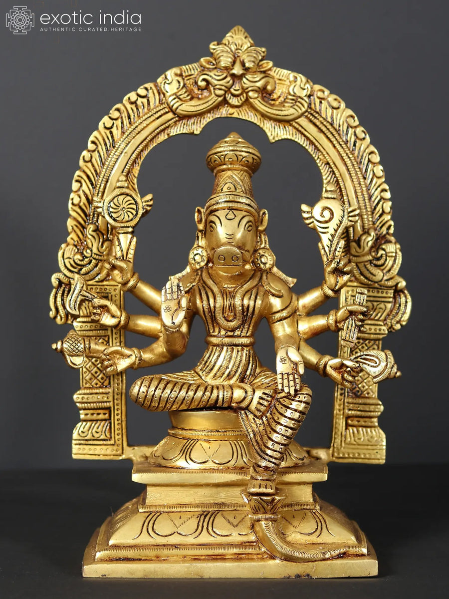 11" Eight Armed Goddess Varahi Brass Idol on Kirtimukha Throne