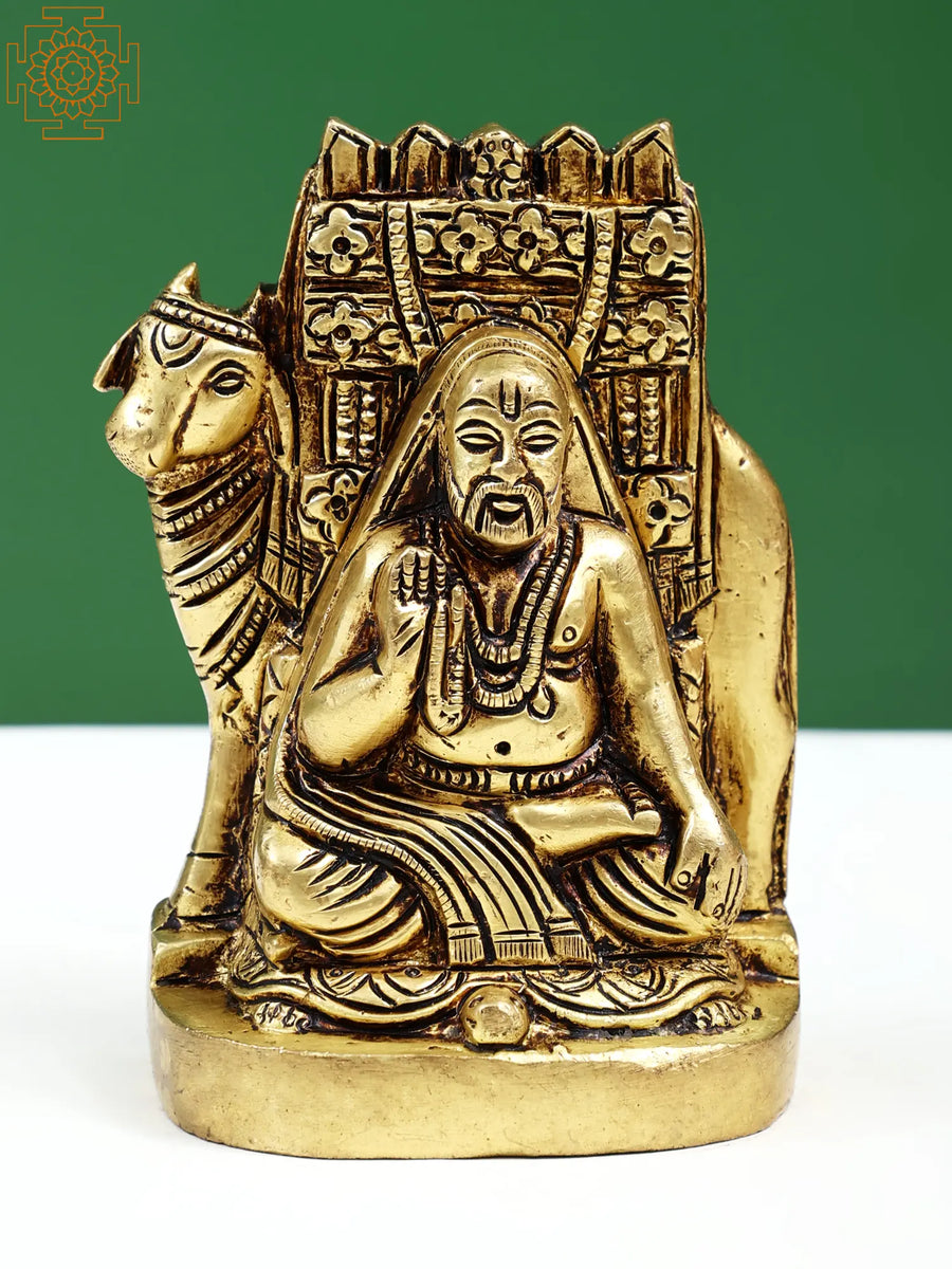 4" Small Brass Sri Raghavendra Swami with Cow Statue Handmade