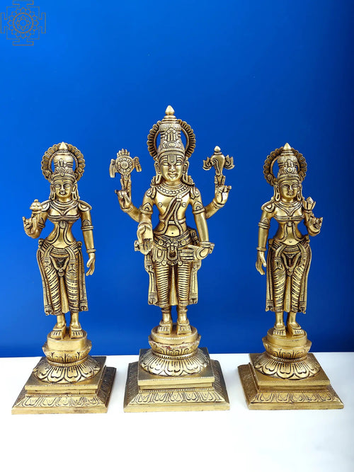 14" Brass Balaji with Sridevi and Bhudevi Handmade Statue