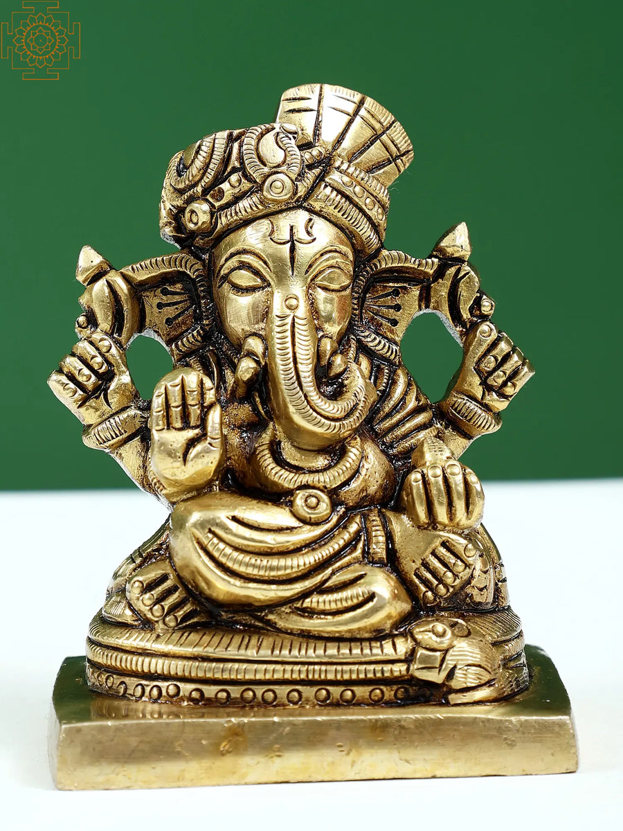 3" Small Brass Raja Ganapati Handmade Statue for Pooja