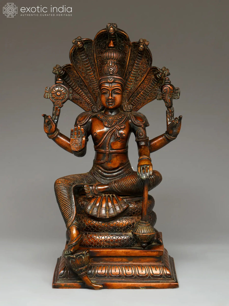 11" Handmade Bhagawan Vishnu Seated on Sheshnag Brass Statue