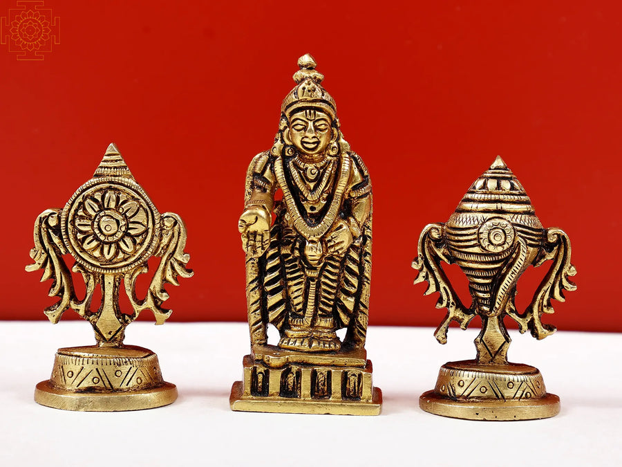 3" Handmade Brass Lord Vishnu Statue with Conch and Chakra Set