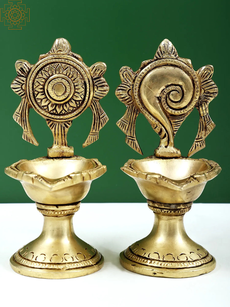 5" Brass Shankh and Chakra Oil Lamp Set Handmade