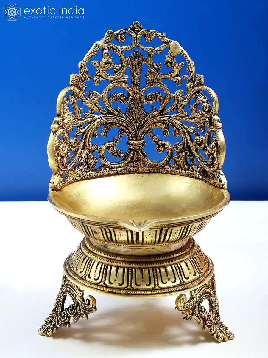 11" Handmade Brass Diya with Ornaments Design