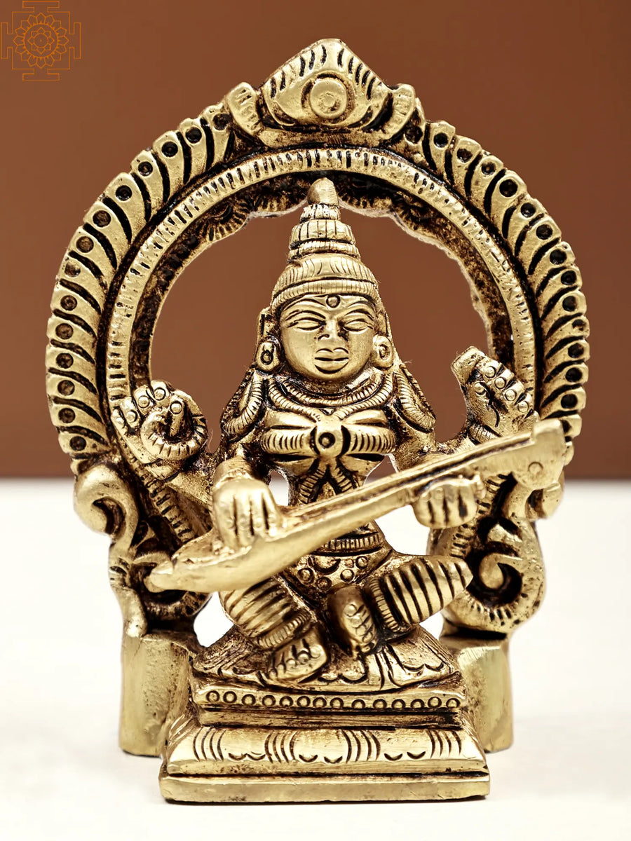 3" Handmade Brass Goddess Saraswati Statue for Pooja