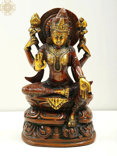 7" Brass Blessing Goddess Lakshmi Seated on Pedestal | Handmade