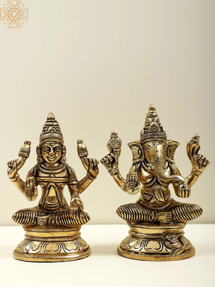 4" Lakshmi and Ganesha Handmade Brass Statue for Pooja