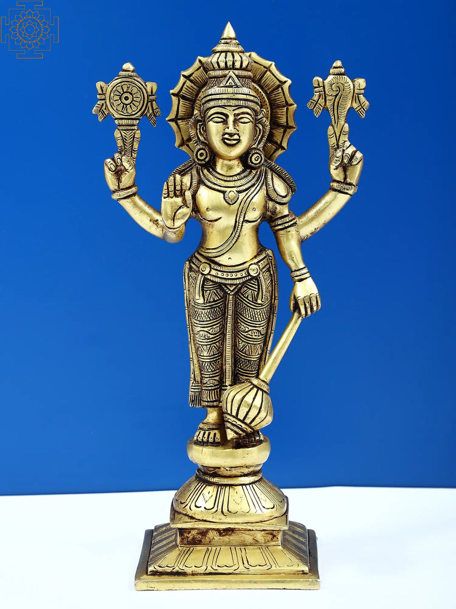 10" Standing Bhagawan Vishnu Brass Statue Handmade