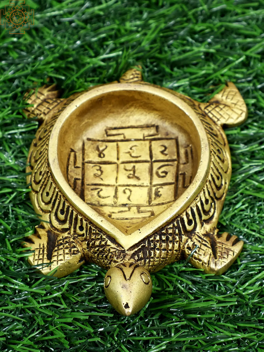 4" Small Tortoise Brass Diya with Lo Shu Magic Square