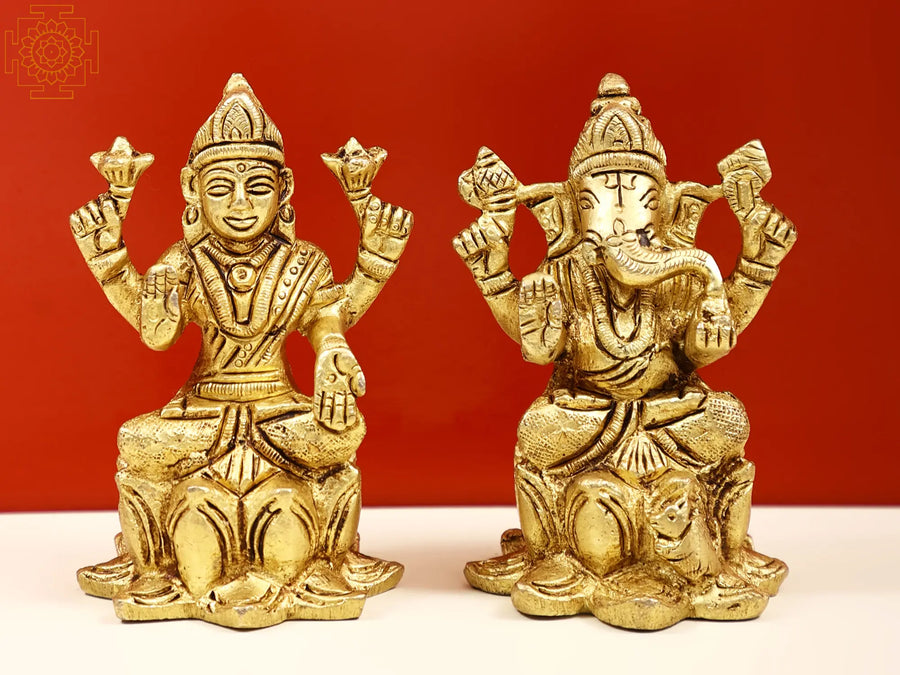 3" Handmade Brass Lakshmi Ganesha Blessing Statue on Lotus