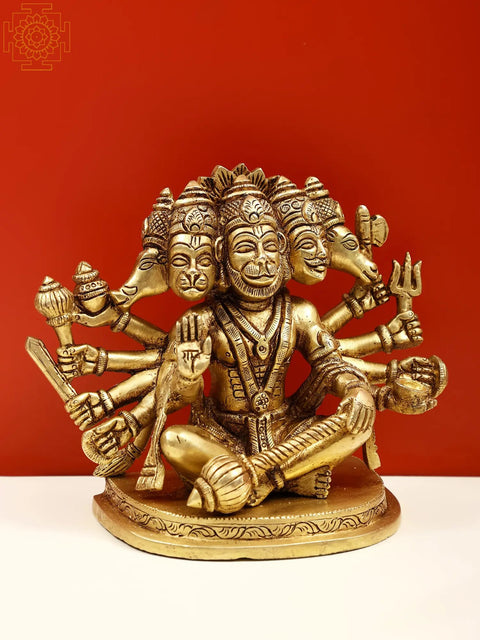 5" Brass Panchamukhi Hanuman Statue in Sitting Mudra | Handmade