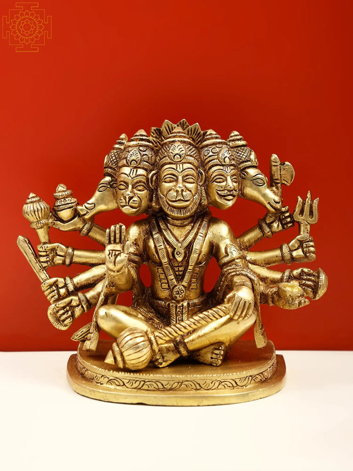 5" Brass Panchamukhi Hanuman Statue Sitting Mudra Handmade