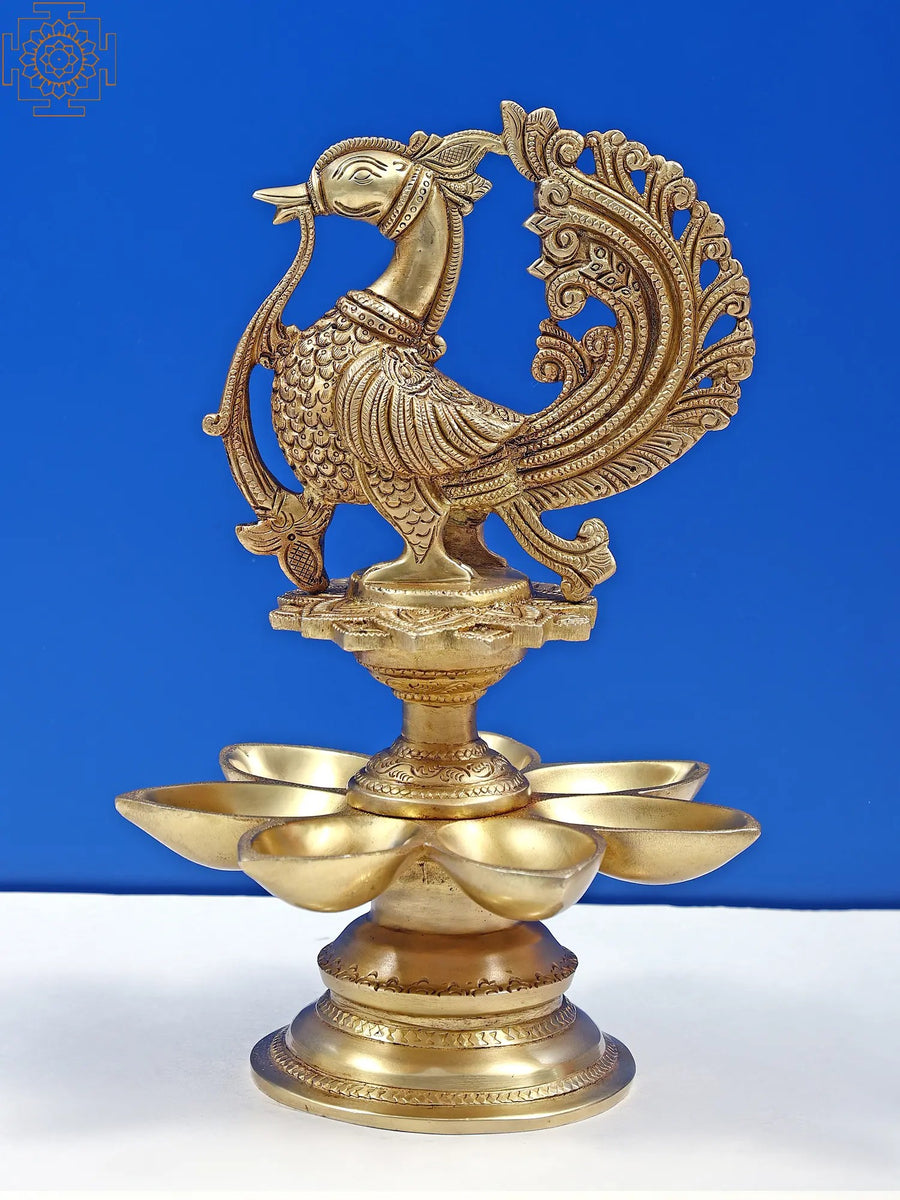11" Handmade Peacock Brass Oil Lamp for Pooja