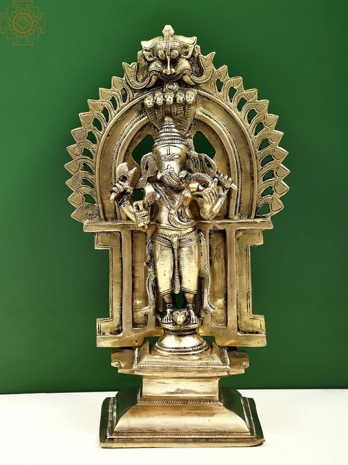 11" Four Armed Ganesha Brass Statue with Kirtimukha Prabhavali