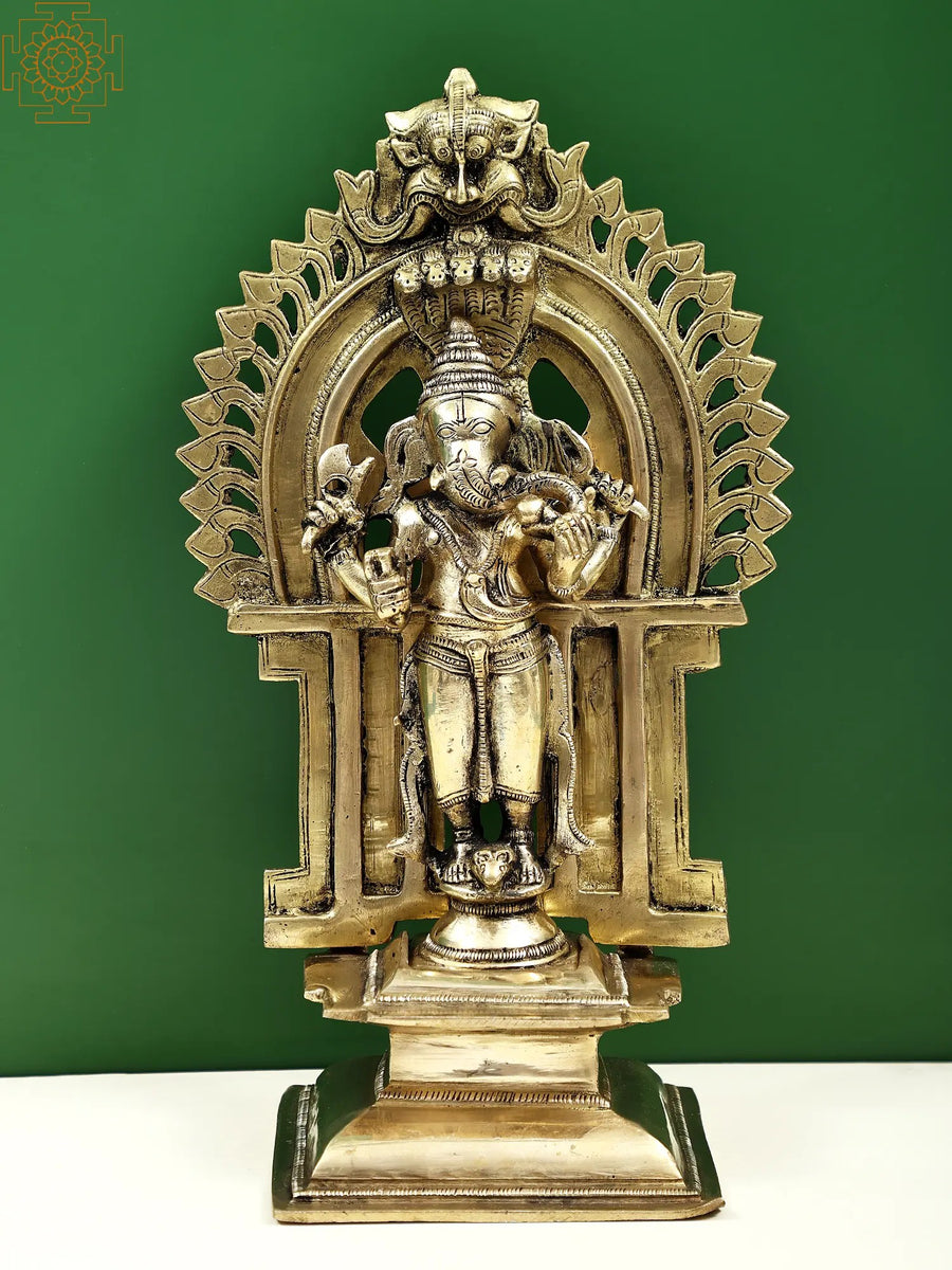 11" Four Armed Ganesha Brass Statue with Kirtimukha Prabhavali