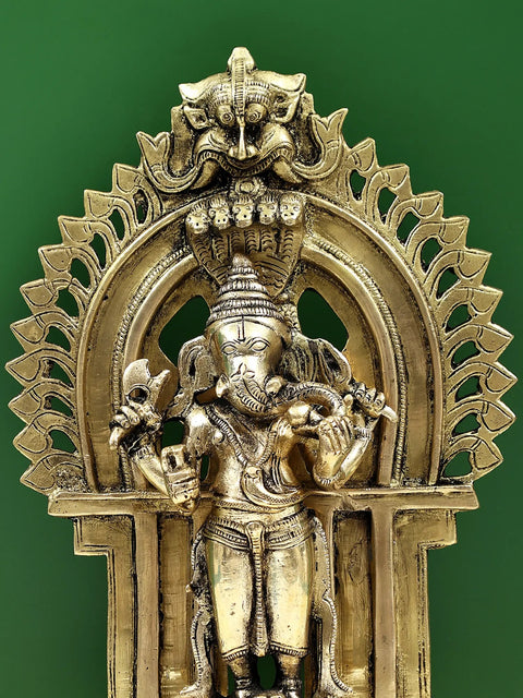 11" Four Armed Standing Ganesha with Kirtimukha Prabhavali | Handmade