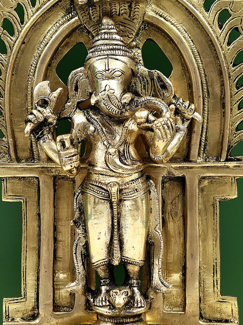 11" Four Armed Standing Ganesha with Kirtimukha Prabhavali | Handmade