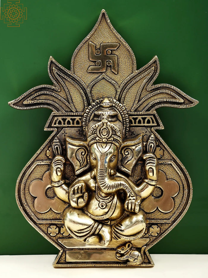 10" Brass Ganesha Wall Hanging with Kumbh Kalash Design Handmade