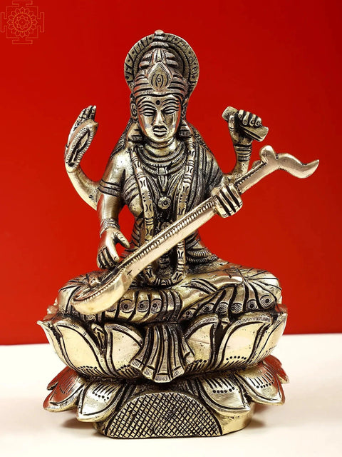 6" Brass Goddess Saraswati Seated on Lotus | Handmade