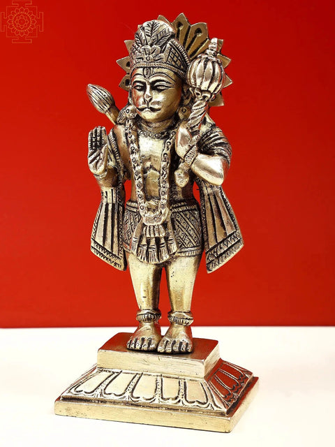 Brass Blessing Hanuman Statue Standing on Pedestal | Handmade