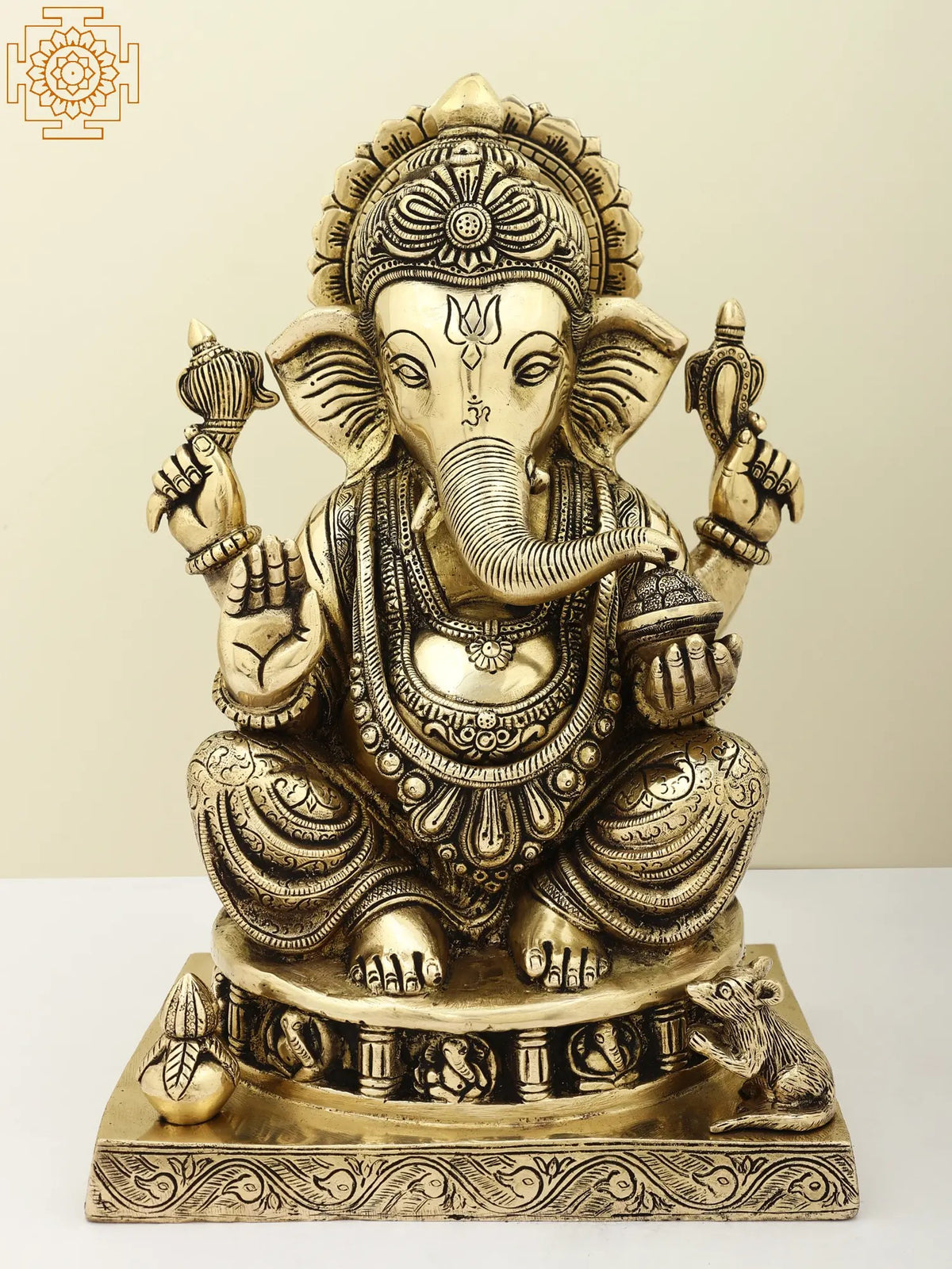 14" Lord Ganesha in Ashirwad Mudra Seated on Ashtaganesha Chowki | Handmade