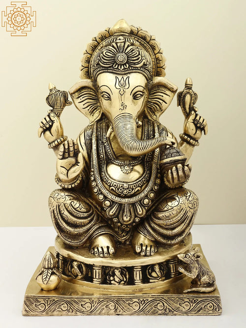14" Lord Ganesha Ashirwad Mudra Brass Statue with Ashtaganesha Base