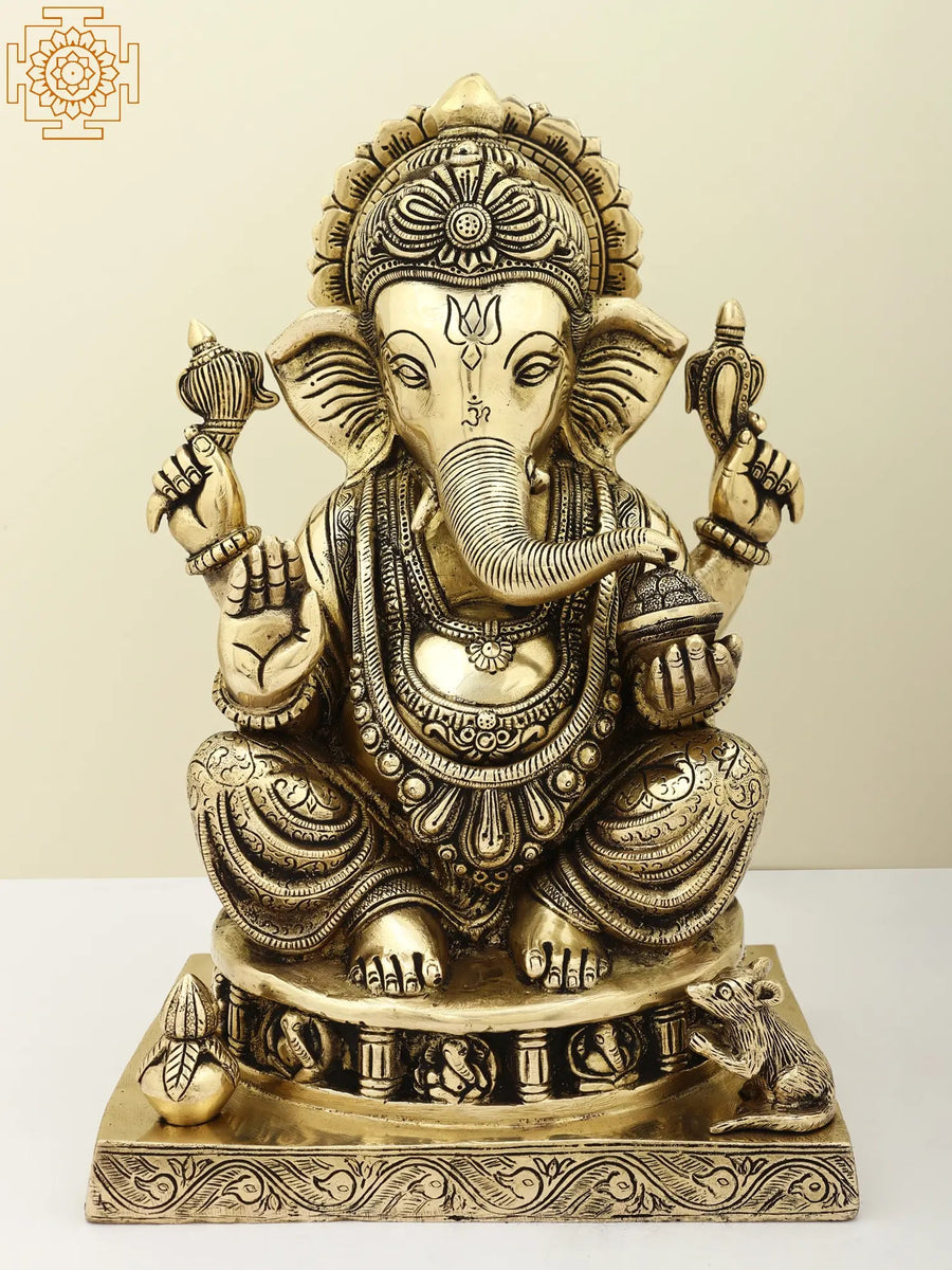 14" Lord Ganesha Ashirwad Mudra Brass Statue with Ashtaganesha Base