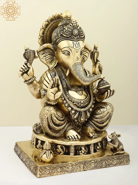 14" Lord Ganesha in Ashirwad Mudra Seated on Ashtaganesha Chowki | Handmade