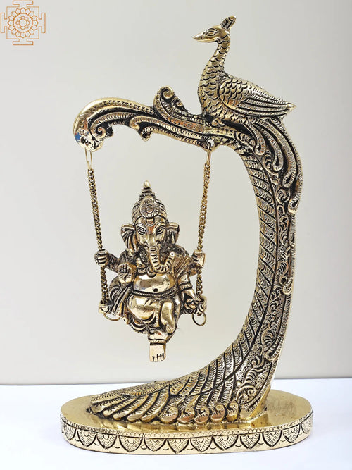 9" Brass Lord Ganesha on Peacock Swing Handmade Statue
