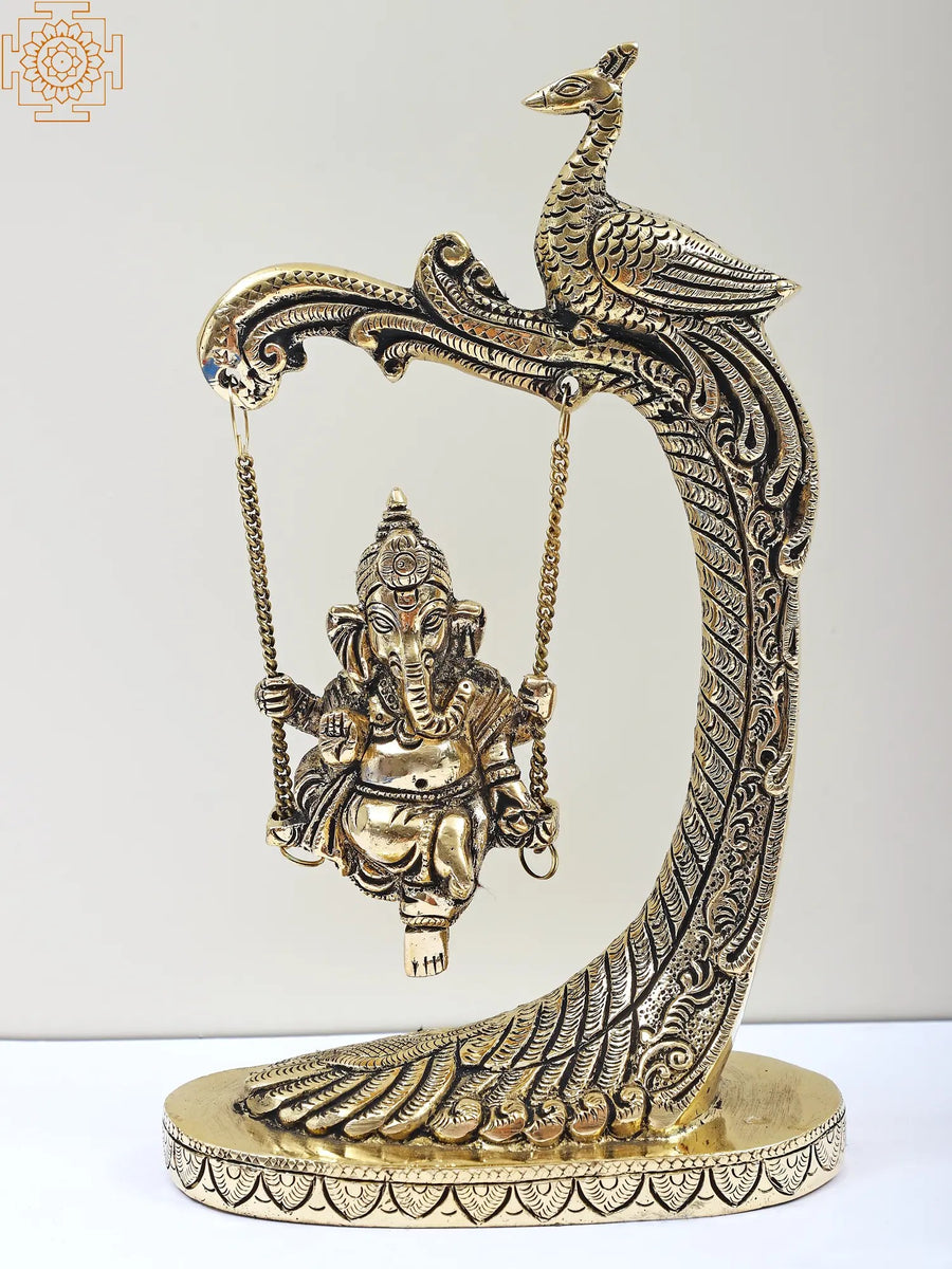 9" Brass Lord Ganesha on Peacock Swing Handmade Statue